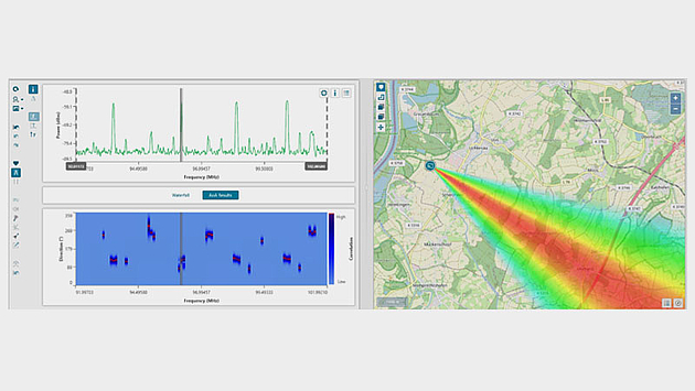 The left side of the screen shows the power vs frequency chart with a linked direction vs frequency chart, showing the directions for multiple channels in parallel. One channel is selected and its DF result in form of a line of bearing (color coded as heatmap) is shown on the map on the right side of the screen.