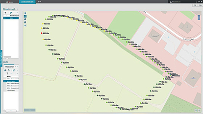 Map view showing airborne RF drive test measurements collected along a drone flight path.