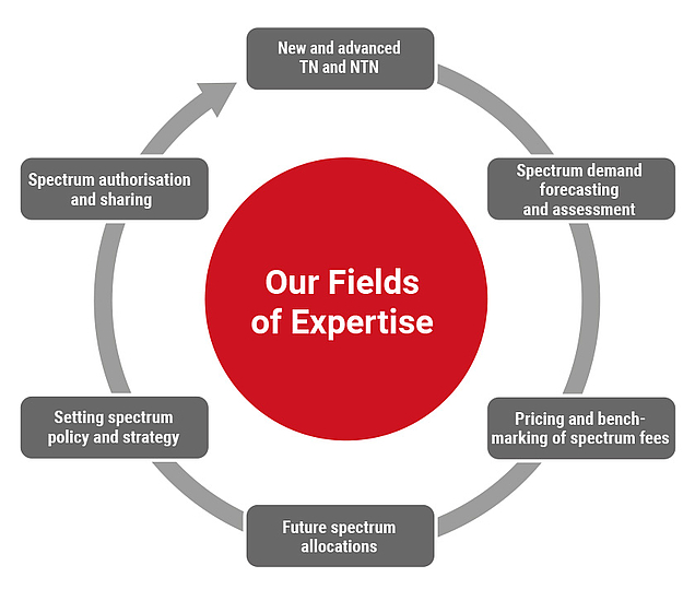 Circular graphic showing LS telcom’s spectrum consulting fields of expertise, including 5G and 6G spectrum, TN and NTN technology, demand forecasting, spectrum fee benchmarking, UHF band planning, policy strategy, authorization, and sharing