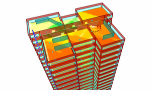Analyse 3D de Signal Intérieur avec Couverture Étage Contour 3D d'un gratte-ciel avec analyse du signal par étage, avec un focus sur le dernier étage, codé par couleur en vert, jaune et orange.