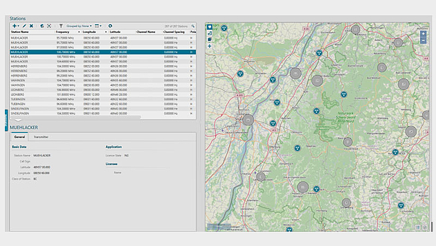 The left side of the screen shows a list of stations with their names and technical parameters. The right side of the screen shows a map with several stations represented by an icon.
