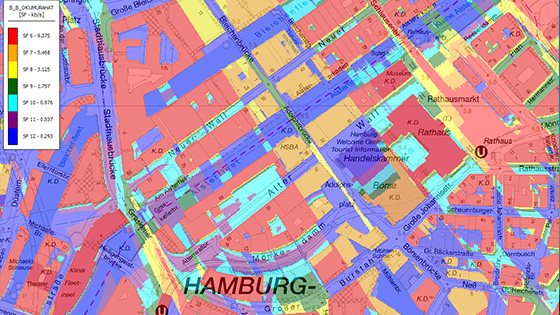Pour une analyse de réseau LoRa, une échelle de couleurs spéciale avec des valeurs seuils est disponible. Grâce à cette visualisation, l'utilisateur peut voir quels facteurs de propagation peuvent être utilisés dans quelle zone pour établir une connexion avec une passerelle LoRa.